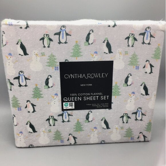 3pc Cynthia Rowley Christmas Trees Penguins Snowman Flannel QUEEN Sheet Set Gift - Picture 5 of 6